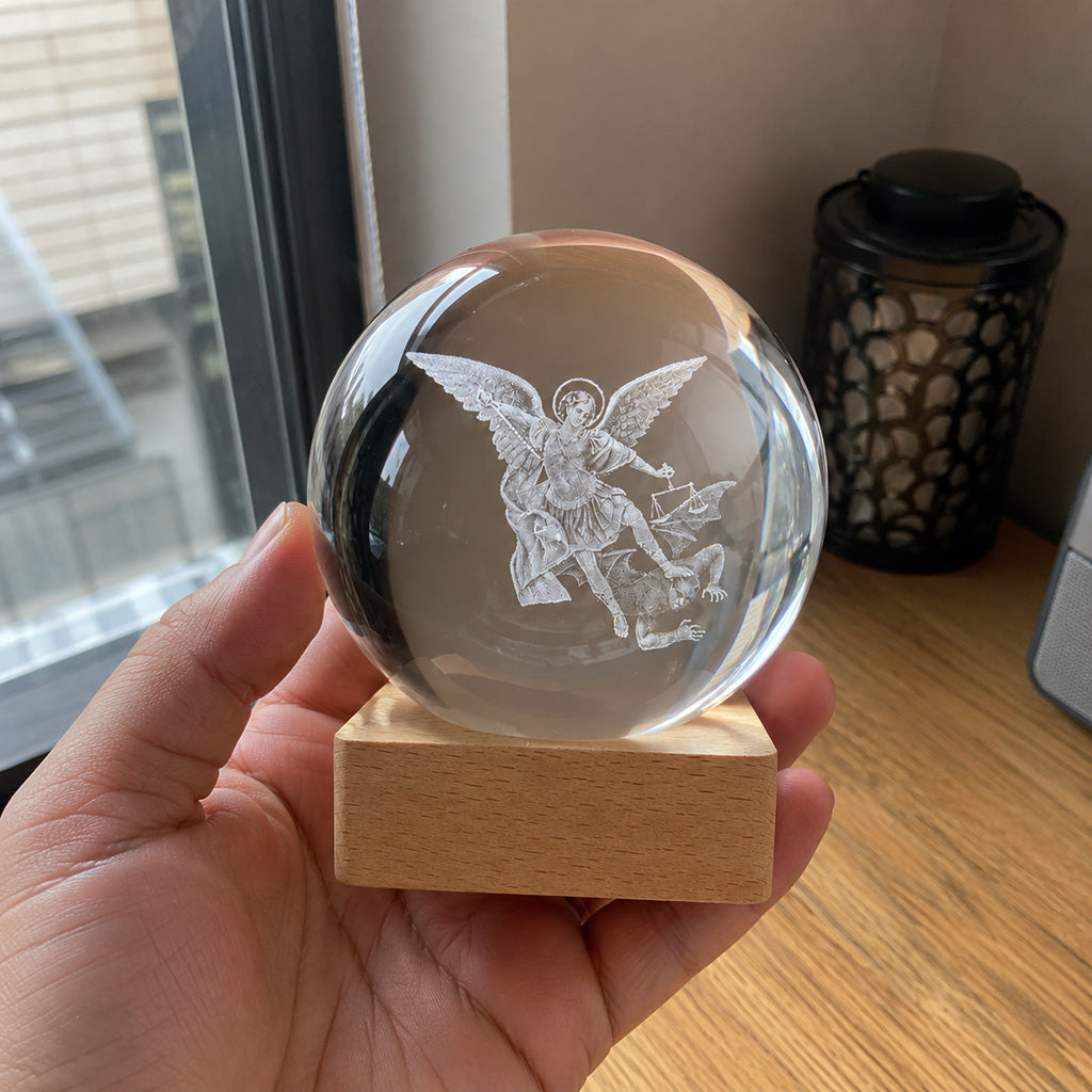 St. Michael Crystal Night Light with Wooden Base — Protection