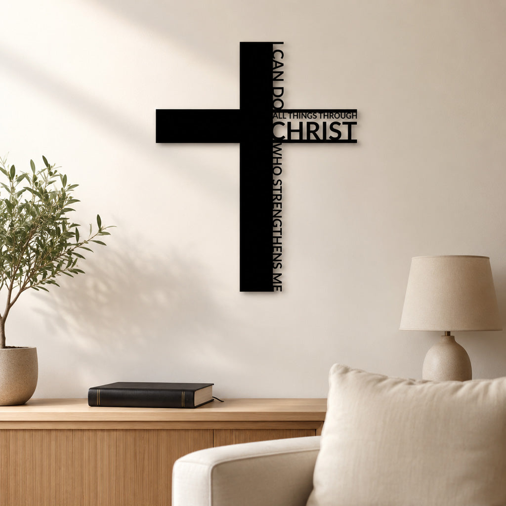 Philippians 4:13 Metal Cross Wall Art with Scripture Design — Strength