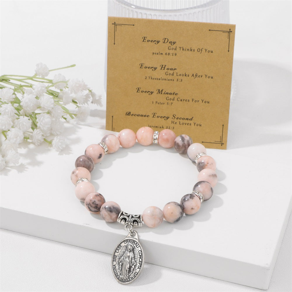 Pink and White Zebra Stone Miraculous Medal Stretch Bracelet Amen Artisan