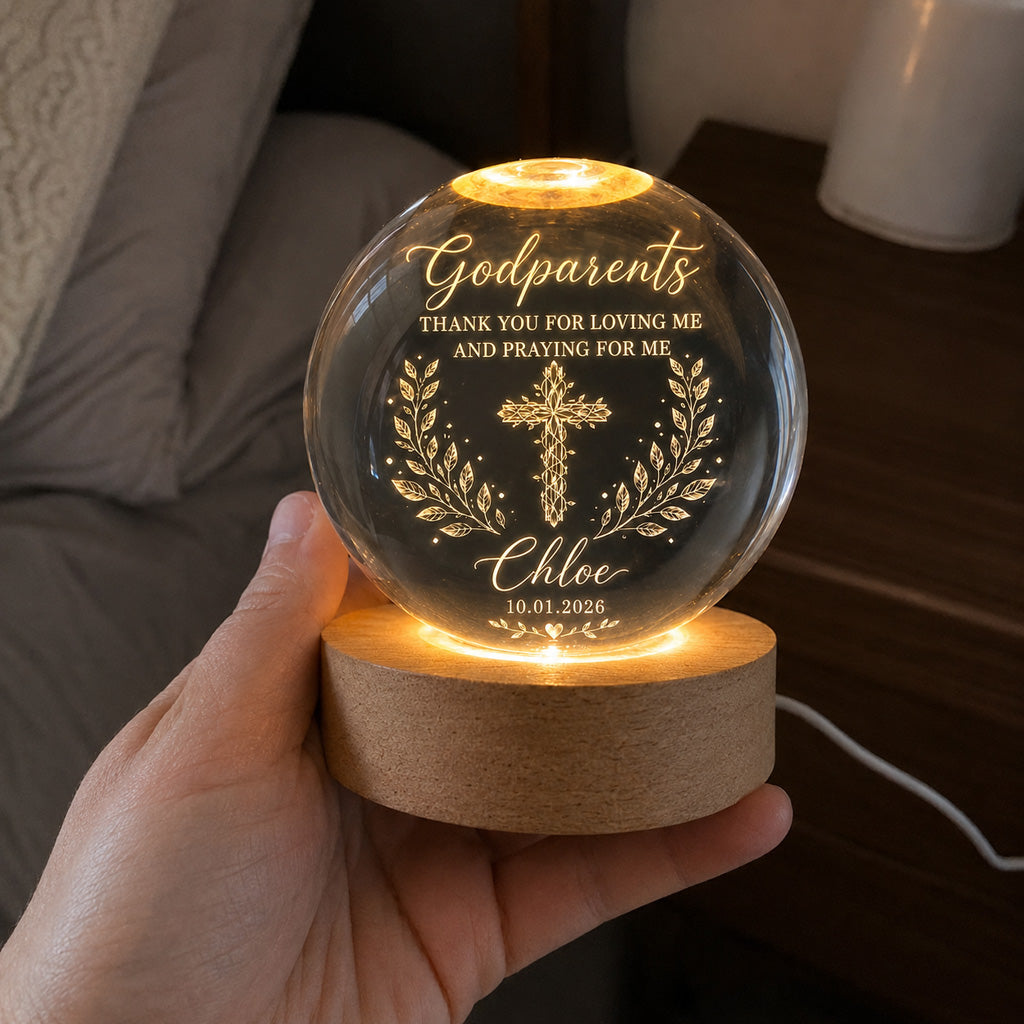 【Deal Today】Personalized Godparents Crystal Night Light with Cross, Name, and Date — Faith Keepsake