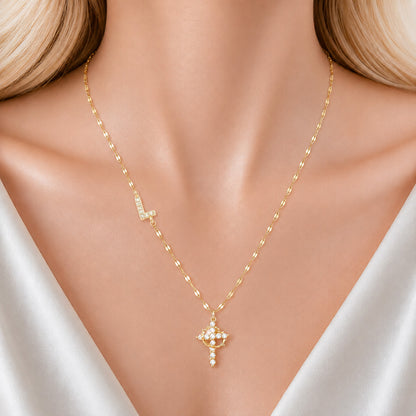 Sparkling Zircon Cross Necklace with A-Z Initial Charm
