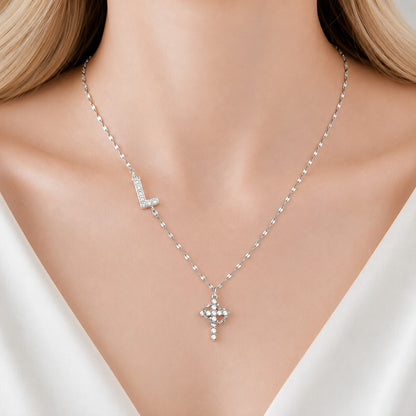 Sparkling Zircon Cross Necklace with A-Z Initial Charm