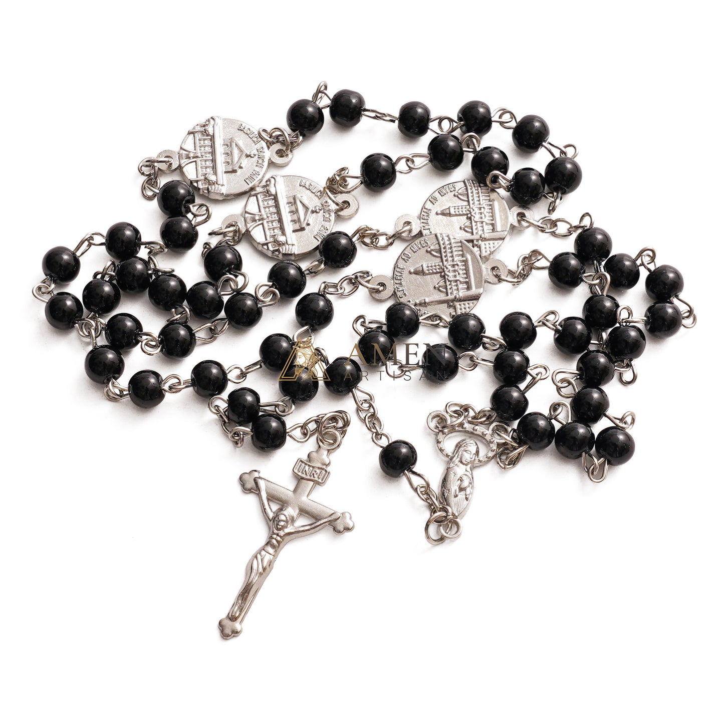 Crucifix Our Lady Black Bead Rosary  Amen Artisan