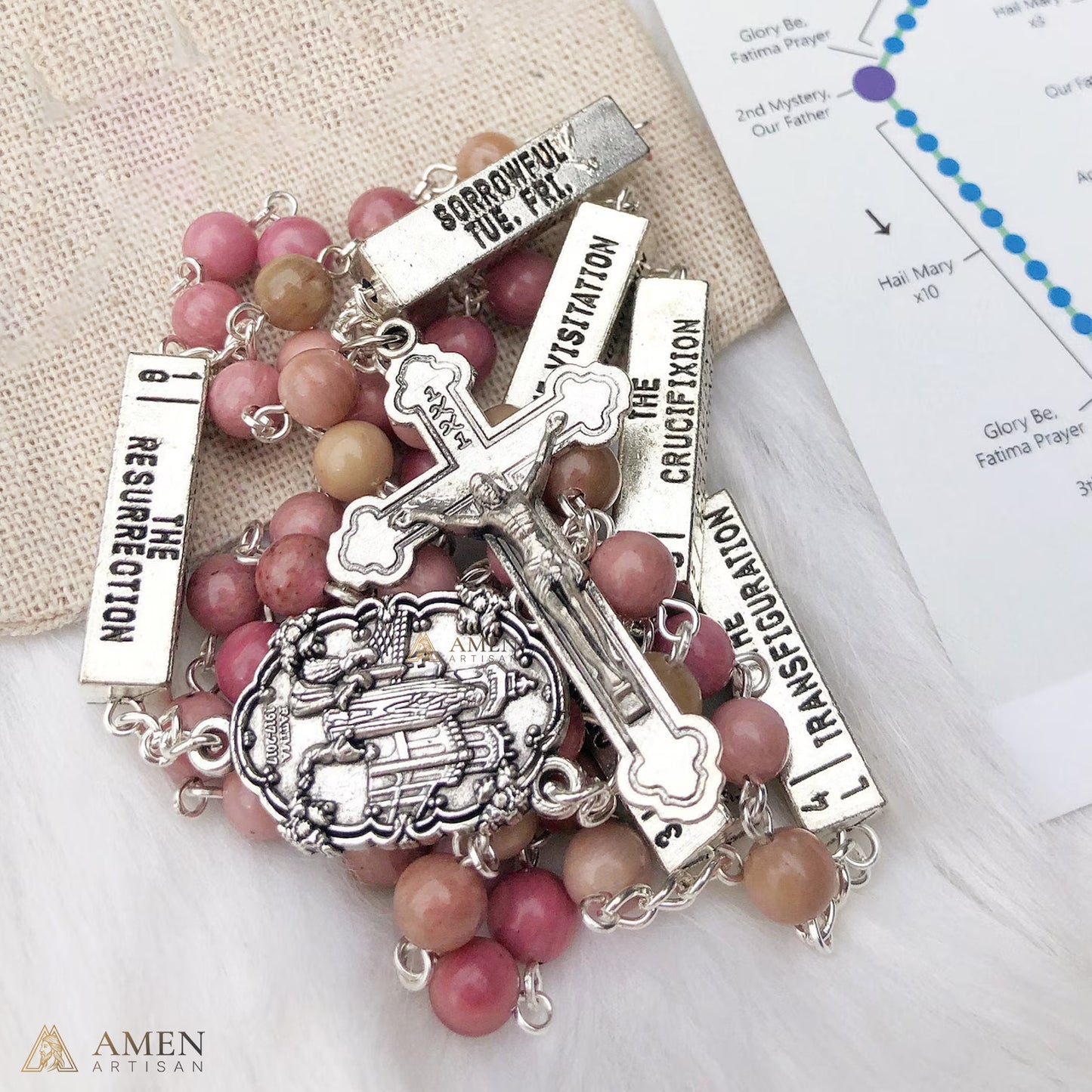 Rhodonite Bead Rosary with 5 Mysteries Amen Artisan