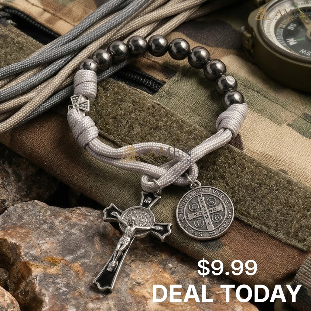 The "Cathedral Steel" St. Benedict multi-Decade Wrap Rosary by AMEN ARTISAN – Faceted Cobalt Finish with Smiling Jesus Crucifix