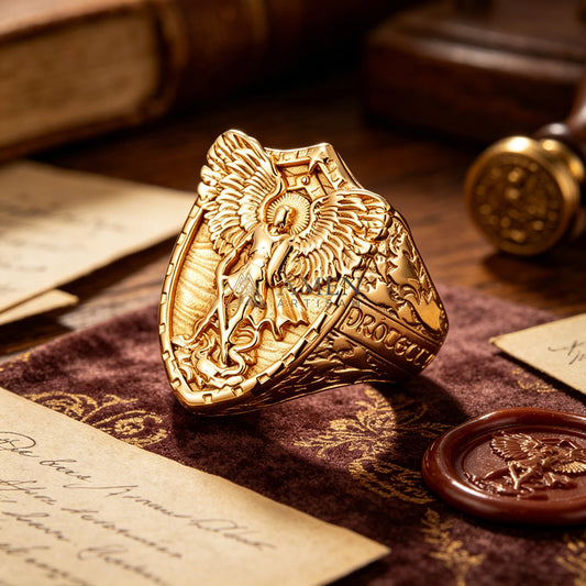 【DEAl TODAY】Shield Ring with Guardian Angel Relief - Protection, Courage & Faith |  Amen Artisan
