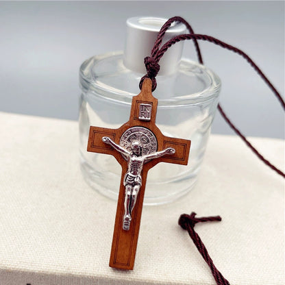 Wood Inlaid Metal Crucifix Cross Necklace Amen Artisan
