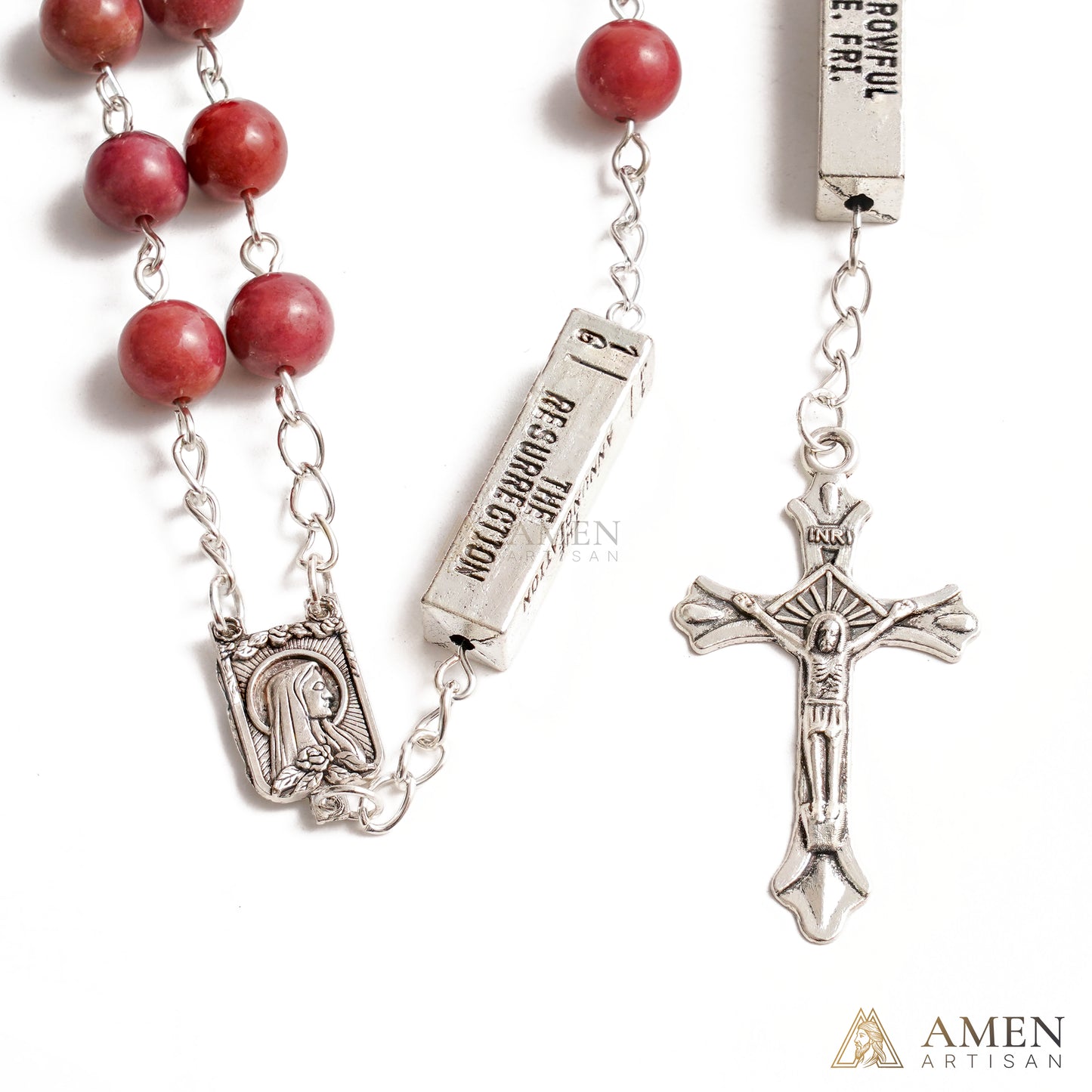 Matte Blue Chalcedony Bead Rosary with 5 Mysteries Amen Artisan