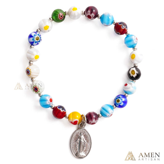 Colorful Catholic Bracelet with Patterned Glass Beads and Virgin Mary Medal