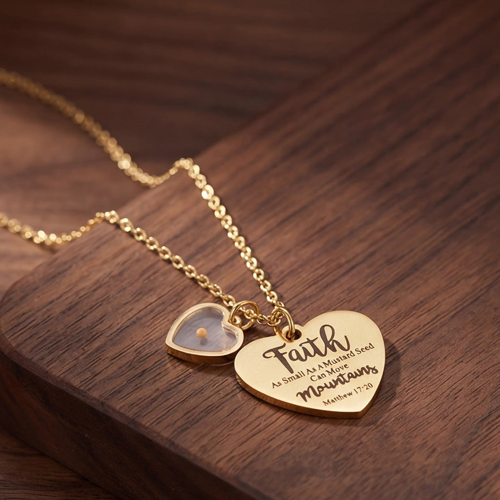 Faith Mustard Seed Heart Necklace with Matthew 17:20 Message