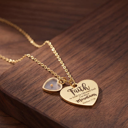 Faith Mustard Seed Heart Necklace with Matthew 17:20 Message
