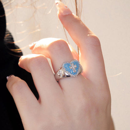 【DEAL TODAY】Blue Heart Cross Open Ring with Rhinestone Accents