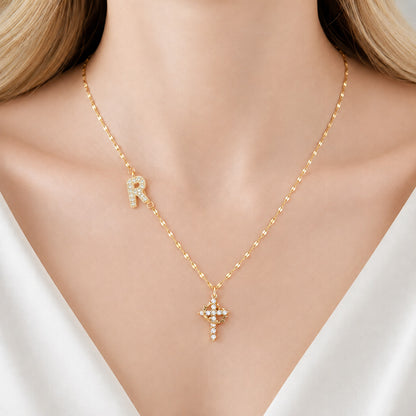 Sparkling Zircon Cross Necklace with A-Z Initial Charm