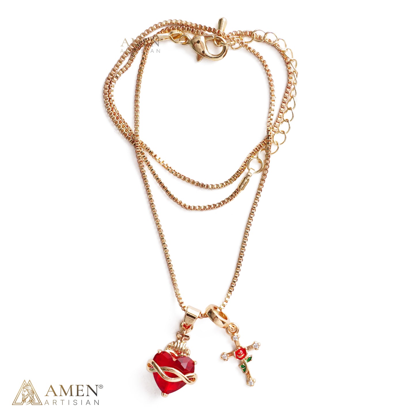 Sacred Heart & Rose Cross Multi-Pendant Necklace Amen Artisan