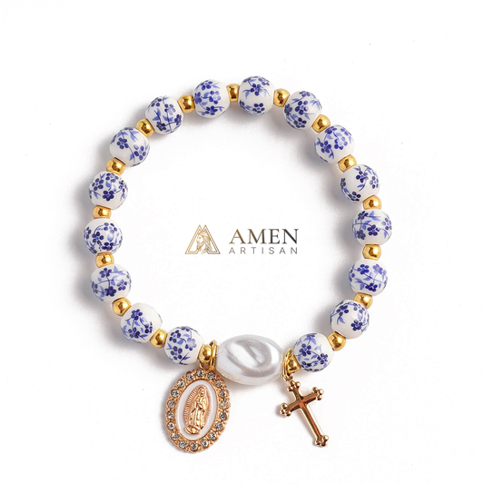 【Deal Today】Blue and White Pottery Beads & Baroque Pearl Elastic Cord Cross Bracelet