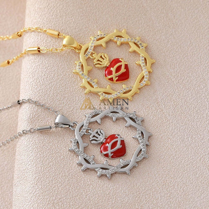 Sacred Heart & Crown of Thorns Pendant Necklace Amen Artisan