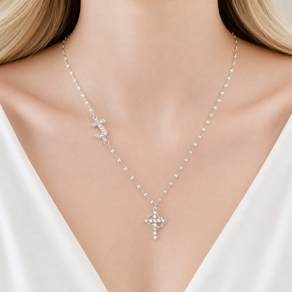Sparkling Zircon Cross Necklace with A-Z Initial Charm