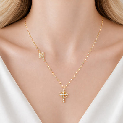 Sparkling Zircon Cross Necklace with A-Z Initial Charm