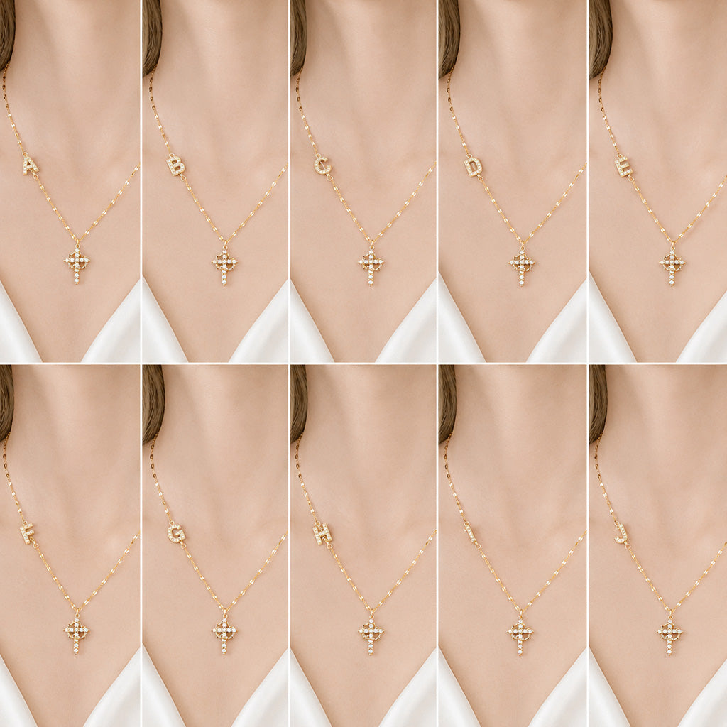 Sparkling Zircon Cross Necklace with A-Z Initial Charm