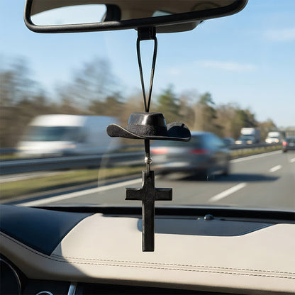 【Deal Today】Western Rearview Mirror Ornament with Cowboy Hat and Cross — Faith | Amen Artisan