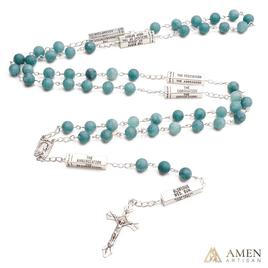 Matte Blue Chalcedony Bead Rosary with 5 Mysteries Amen Artisan