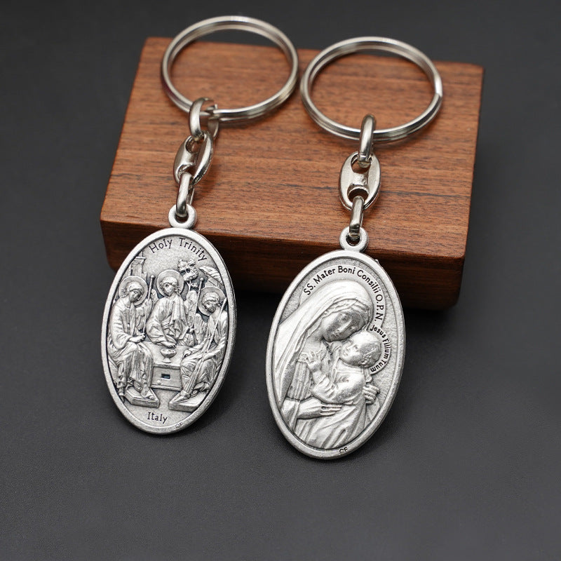Our Lady of Good Counsel Keychain—Zinc alloy. Vintage grey Amen Artisan