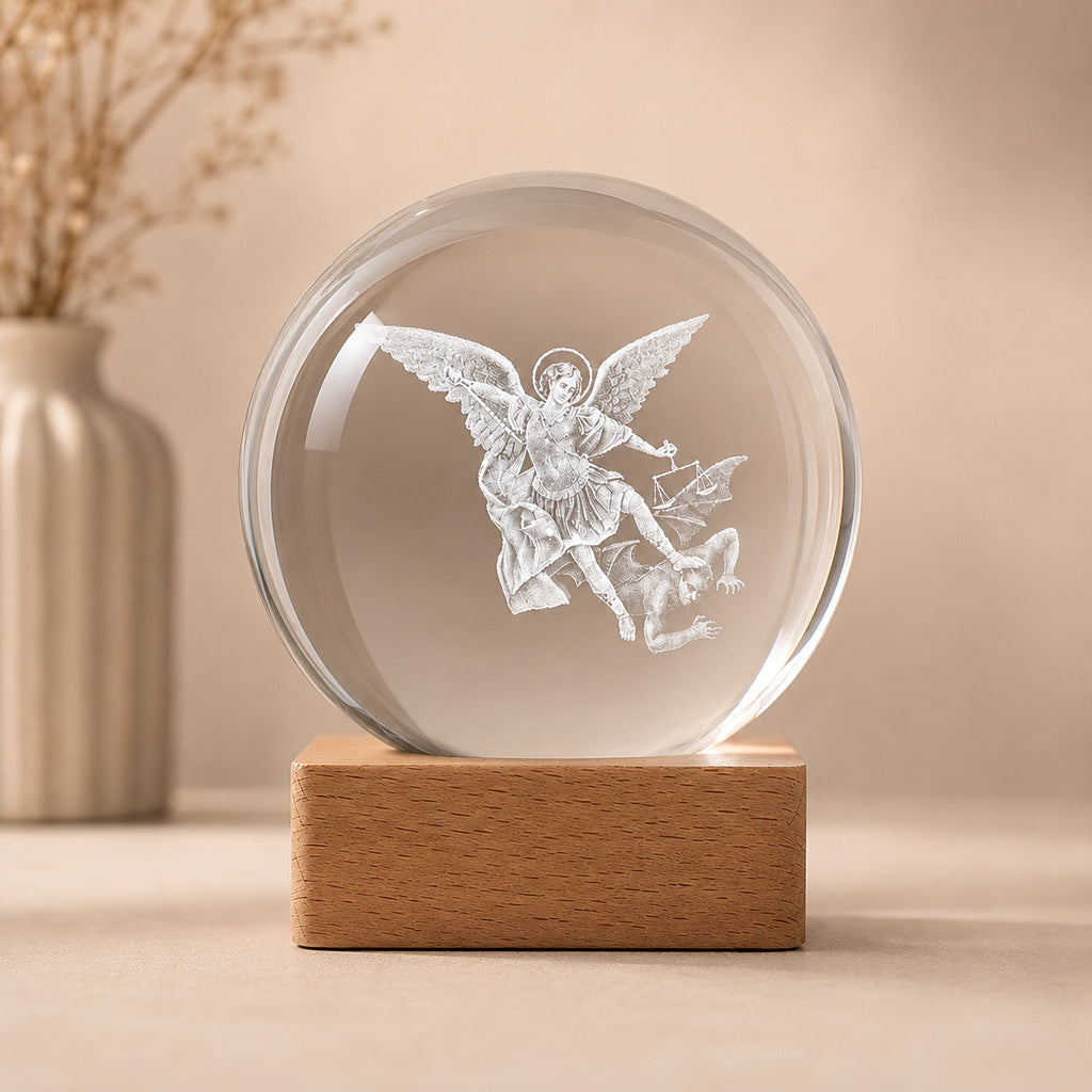 St. Michael Crystal Night Light with Wooden Base — Protection
