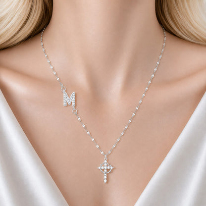 Sparkling Zircon Cross Necklace with A-Z Initial Charm