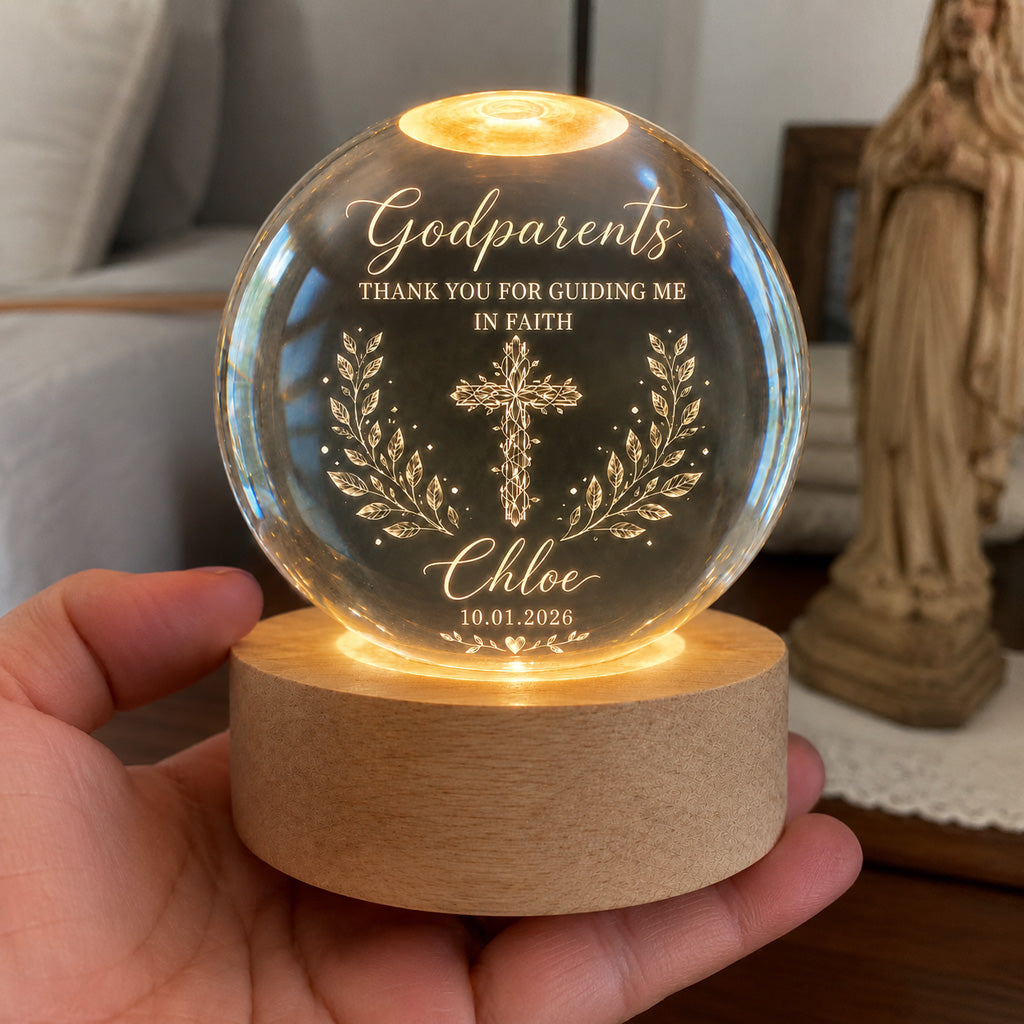 【Deal Today】Personalized Godparents Crystal Night Light with Cross, Name, and Date — Faith Keepsake