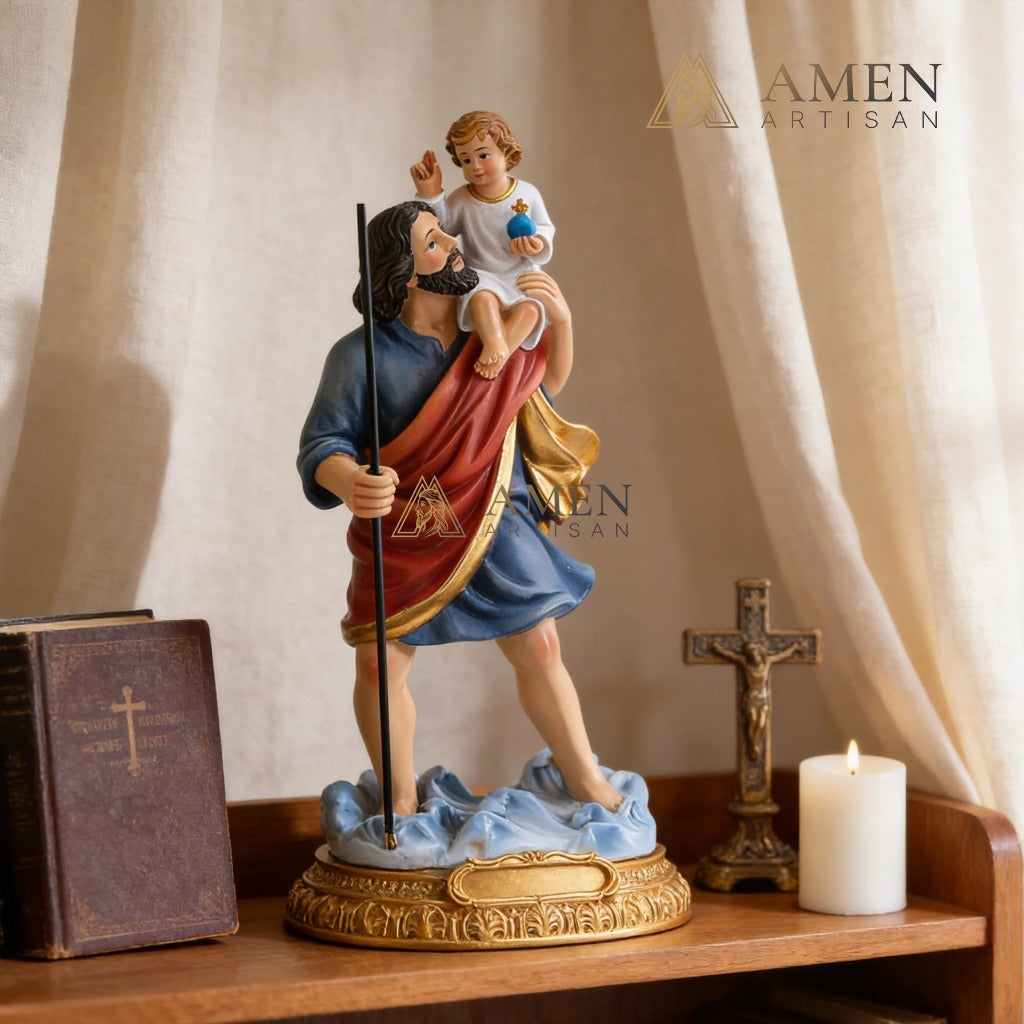 Saint Christopher & Child Jesus Hand-Painted Religious Statue Amen Artisan