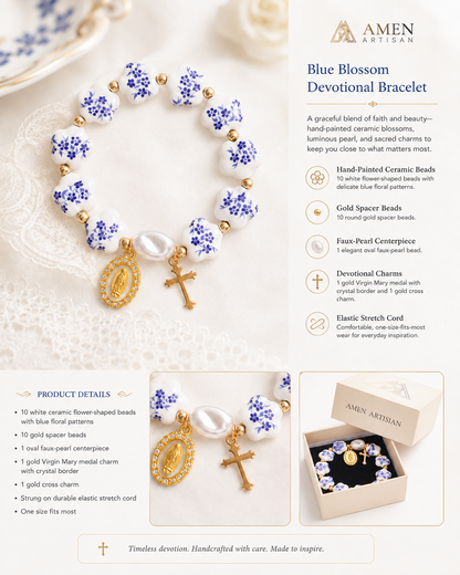 Blue Floral Ceramic Flower Bracelet with Virgin Mary Pendant - Faith & Peace | Amen Artisan