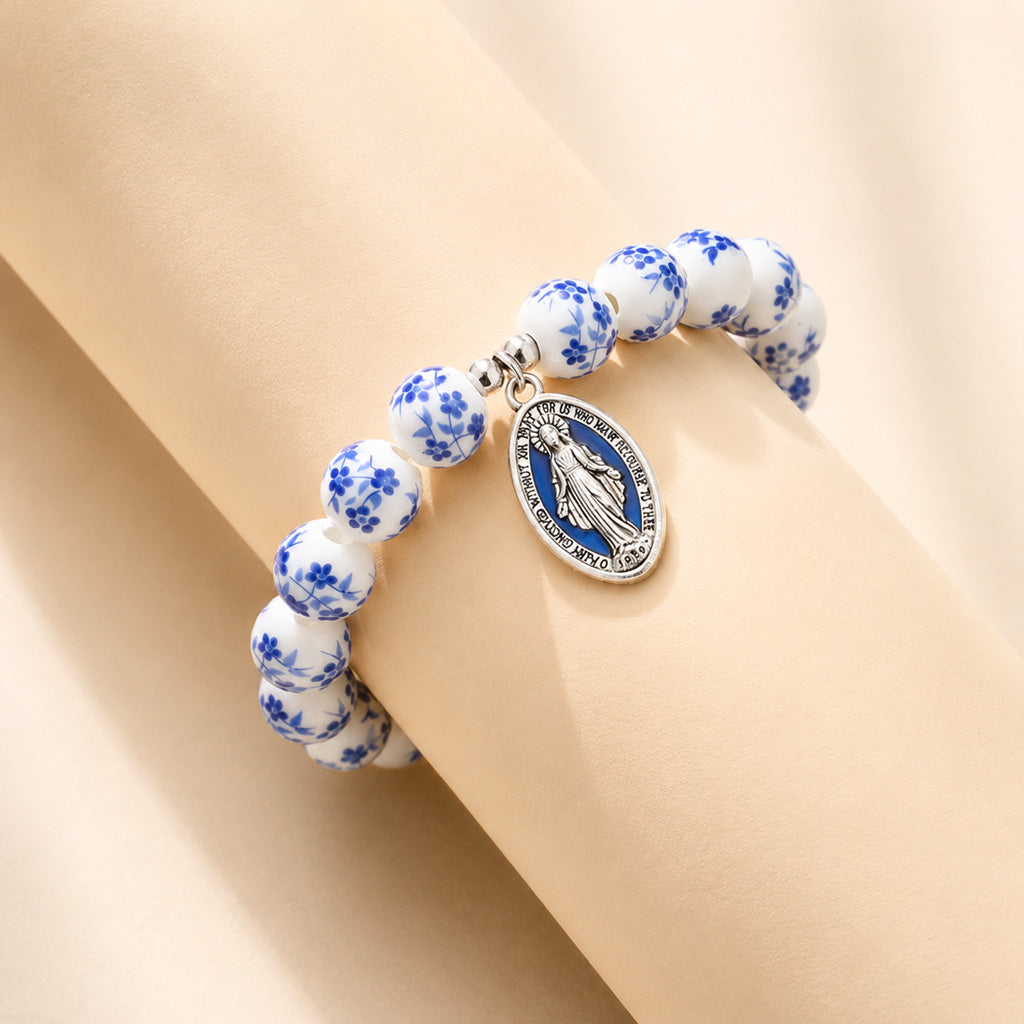 【Deal Today】Blue Floral Ceramic Bead Miraculous Medal Stretch Bracelet | Amen Artisan