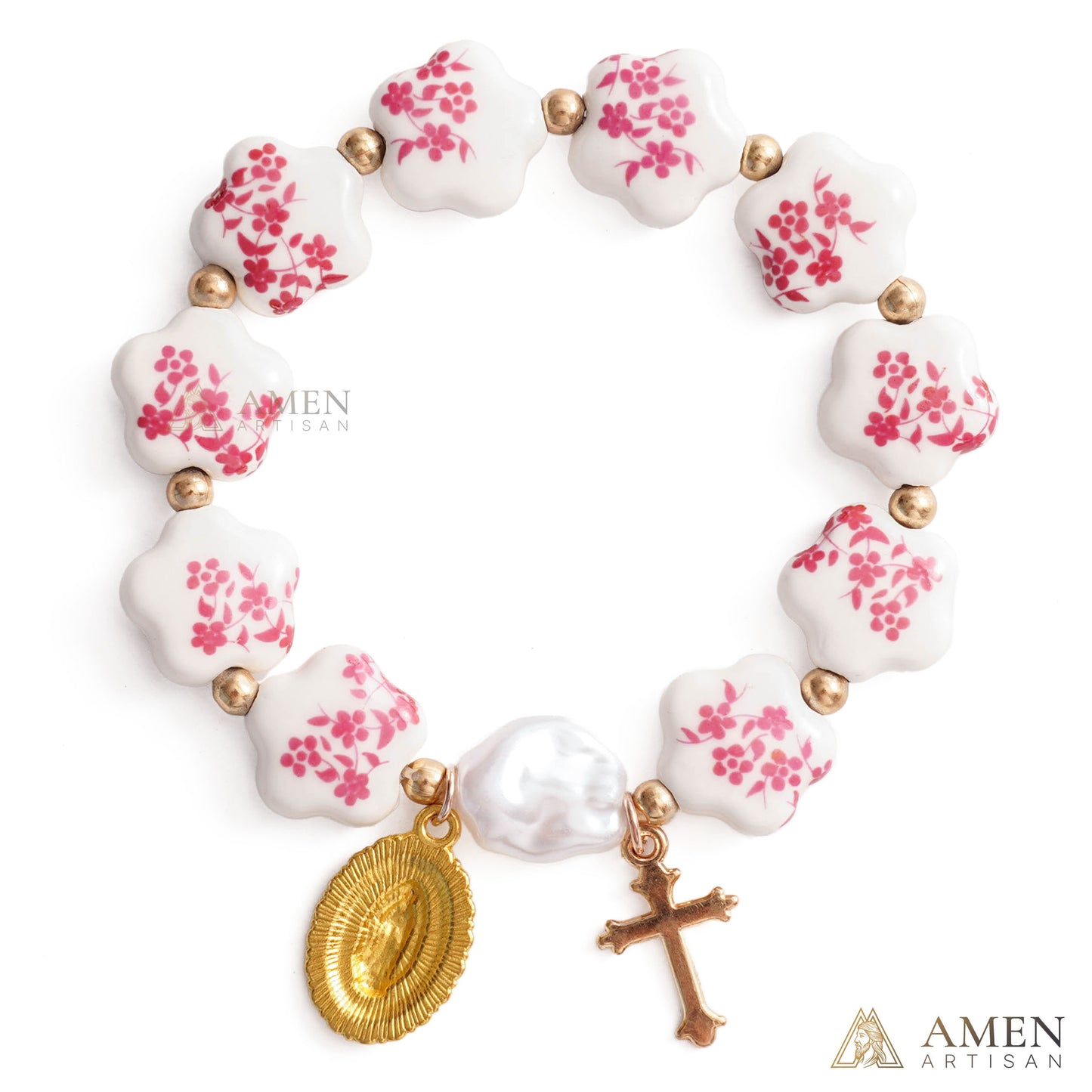 Blue Floral Ceramic Flower Bracelet with Virgin Mary Pendant - Faith & Peace | Amen Artisan