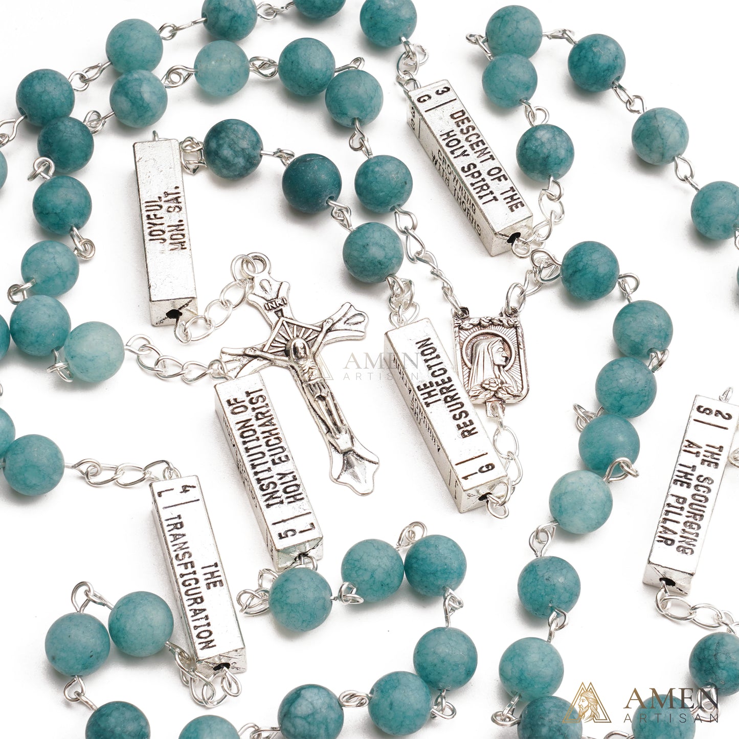 Matte Blue Chalcedony Bead Rosary with 5 Mysteries Amen Artisan