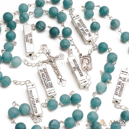Matte Blue Chalcedony Bead Rosary with 5 Mysteries Amen Artisan