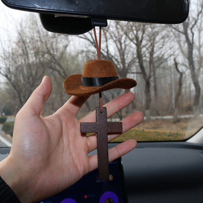 【Deal Today】Western Rearview Mirror Ornament with Cowboy Hat and Cross — Faith | Amen Artisan