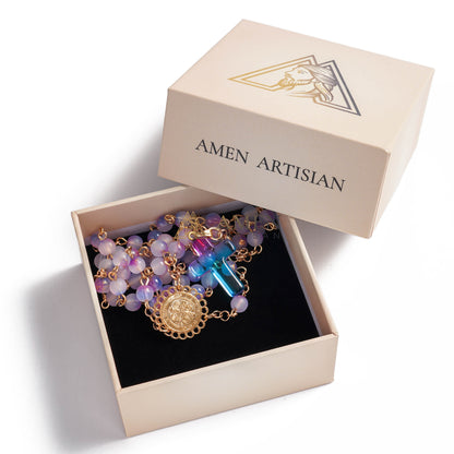 Handmade Purple Blue Gradient Rosary Necklace with Glass Cross and Devotional Medal |  Amen Artisan