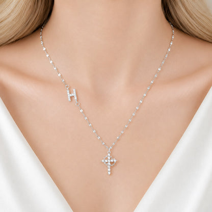 Sparkling Zircon Cross Necklace with A-Z Initial Charm