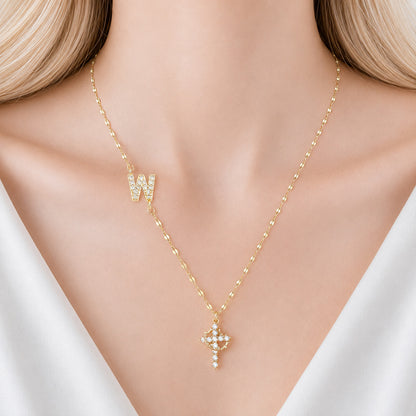 Sparkling Zircon Cross Necklace with A-Z Initial Charm