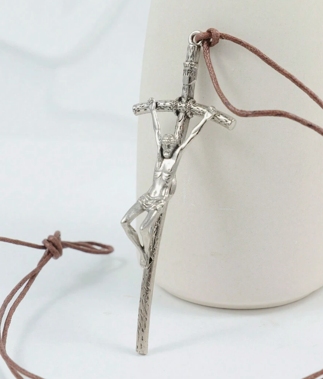 Crucifix Pendant with Weathered Cross & Sorrowful Christ Detailing