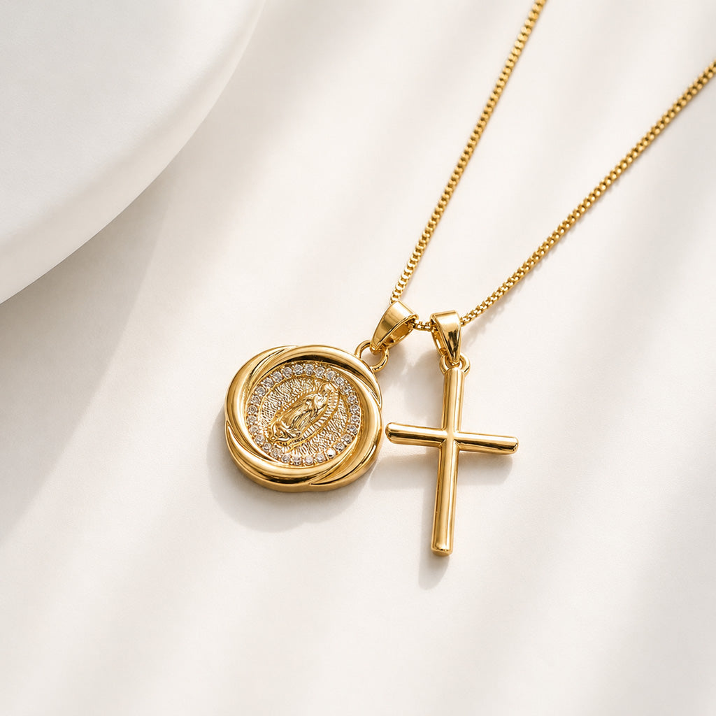 Our Lady Double Pendant Necklace with Cross Charm