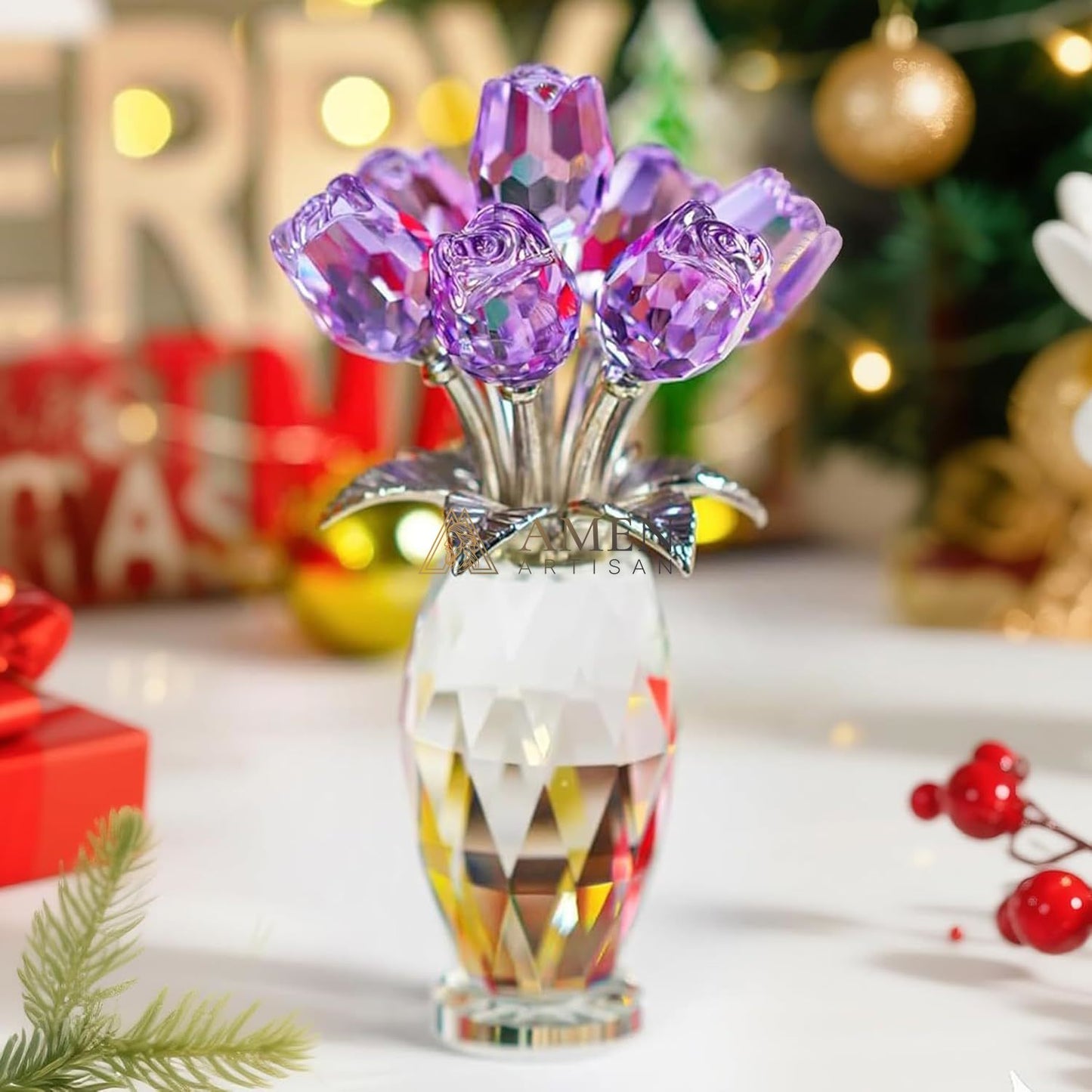 Crystal Purple Rose Figurine Amen Artisan