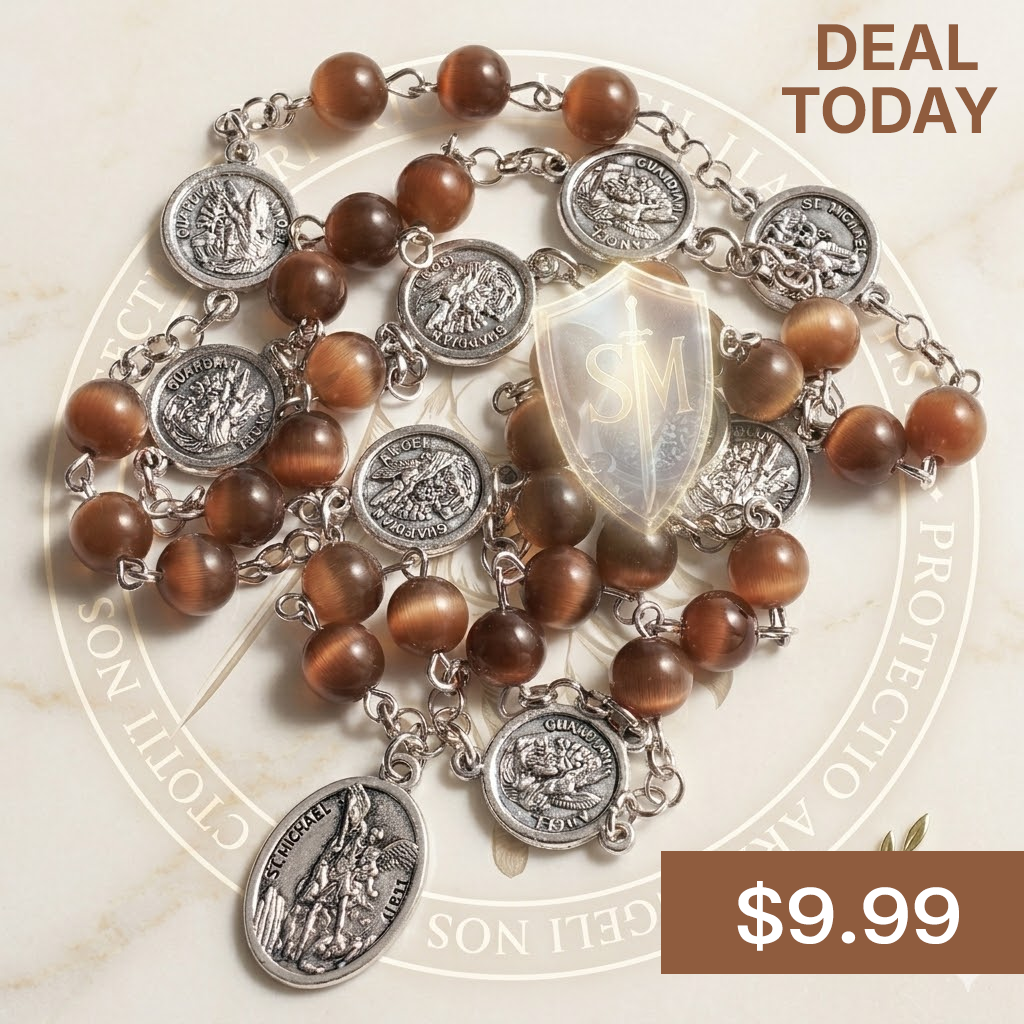 St. Michael the Archangel Protection Rosary – Shimmering Brown Cat’s Eye Beads with Guardian Angel & St. Michael Shield Medals