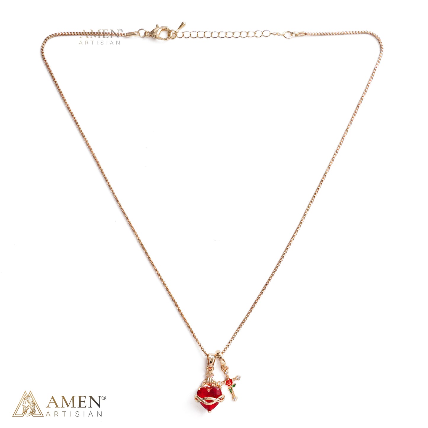 Zircon Sacred Heart & Rose Cross Double Pendant Necklace Amen Artisan