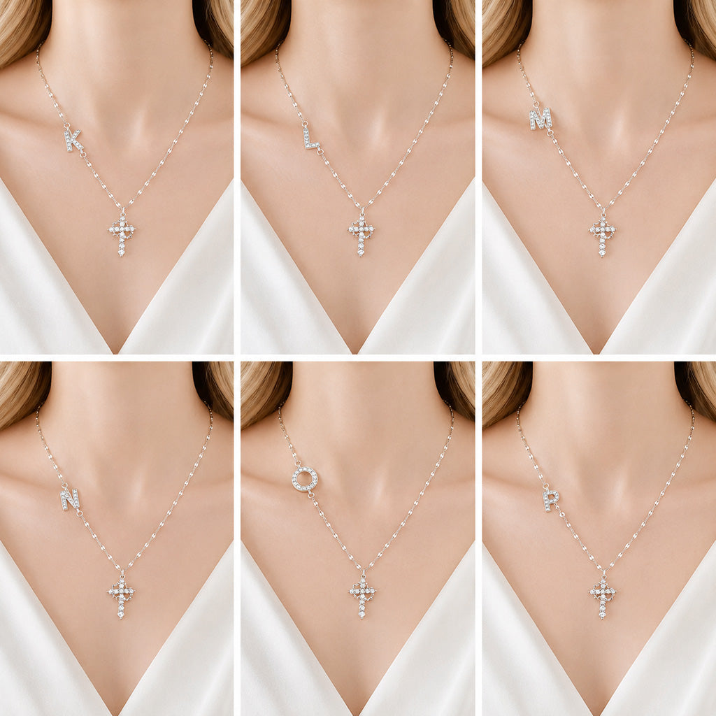 Sparkling Zircon Cross Necklace with A-Z Initial Charm