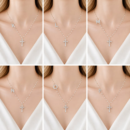Sparkling Zircon Cross Necklace with A-Z Initial Charm
