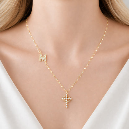 Sparkling Zircon Cross Necklace with A-Z Initial Charm