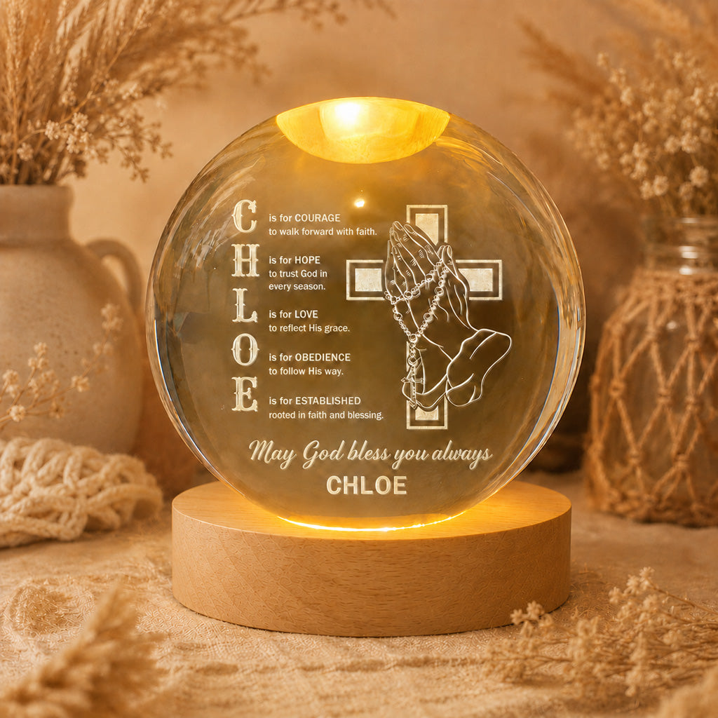 【Deal Today】Personalized Name Faith Blessing Crystal Ball Night Light with Praying Hands & Cross Design — Blessing