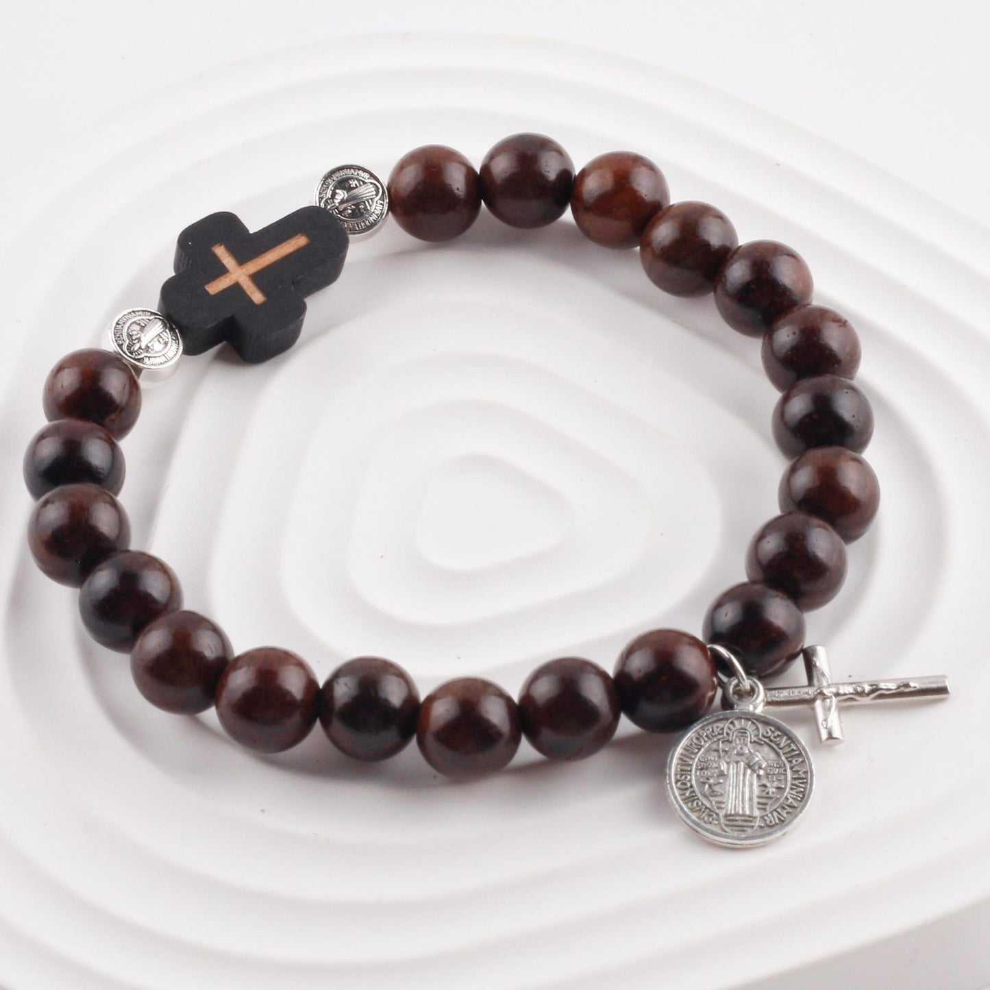 Handwoven Beads Made of Saint Benedict Cross Sandalwood Bracelet Amen Artisan