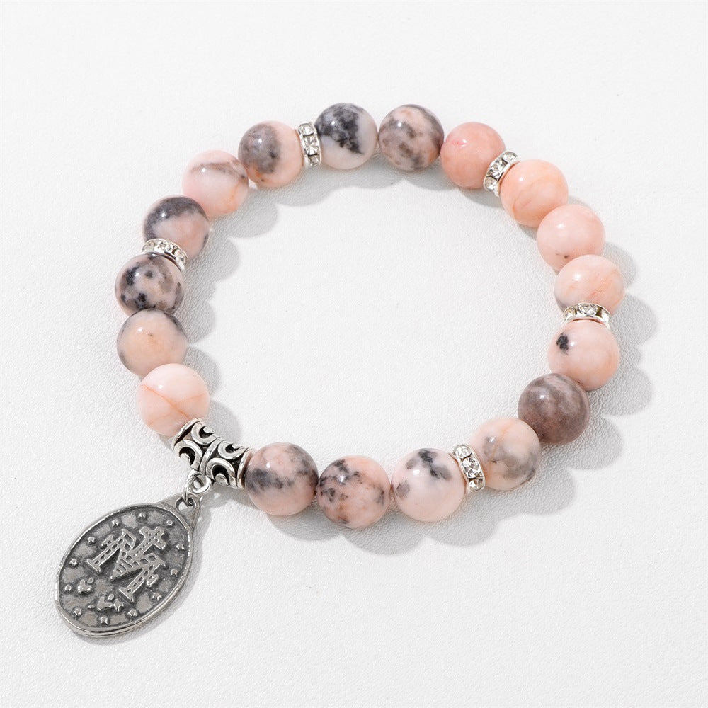 Pink and White Zebra Stone Miraculous Medal Stretch Bracelet Amen Artisan